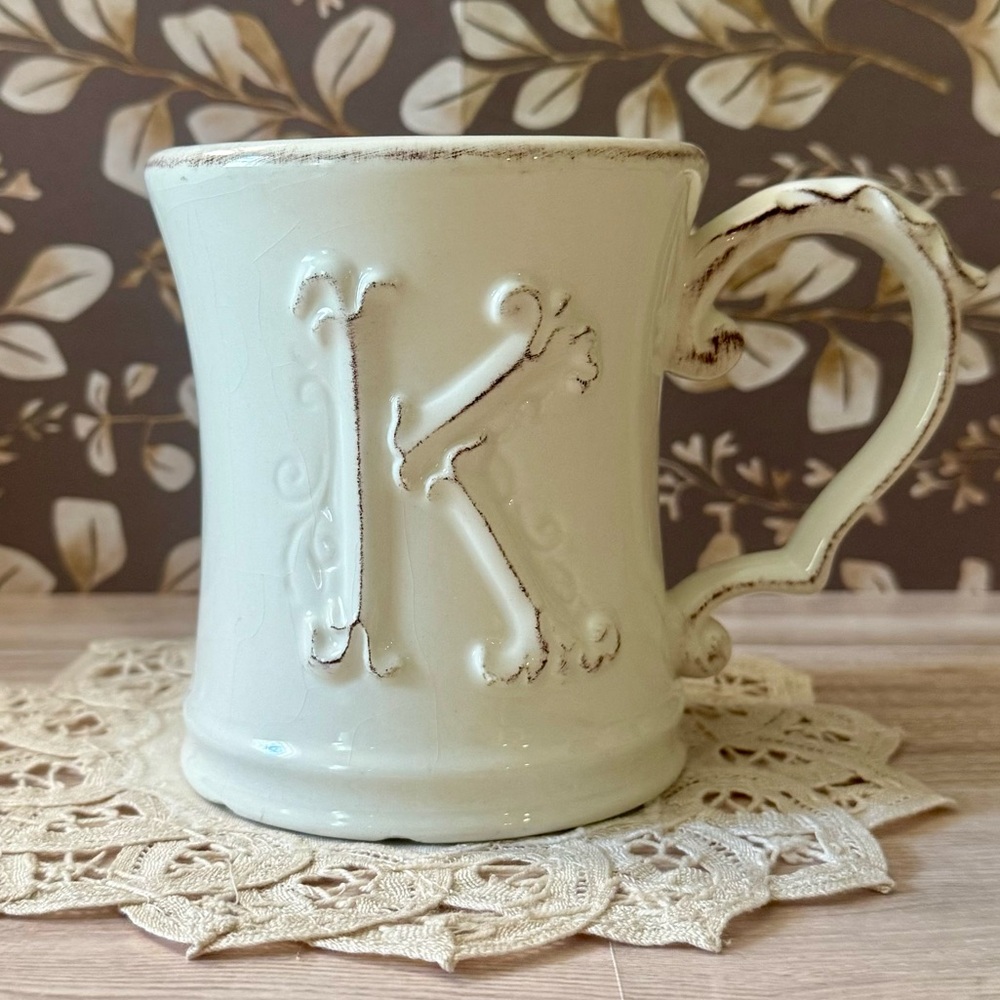 Pier 1 Imports Elizabeth Monogram Mug “K” White Earthenware Coffee Tea Cup